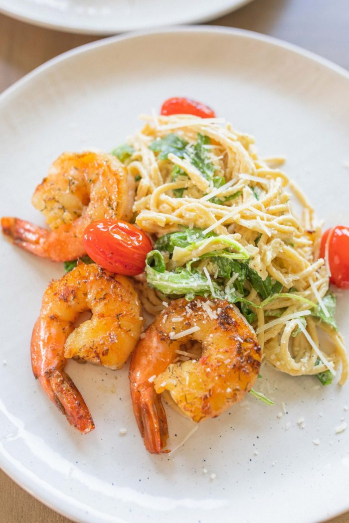 Creamy Garlic Pasta with Citrus Shrimp, Tomatoes & Arugula