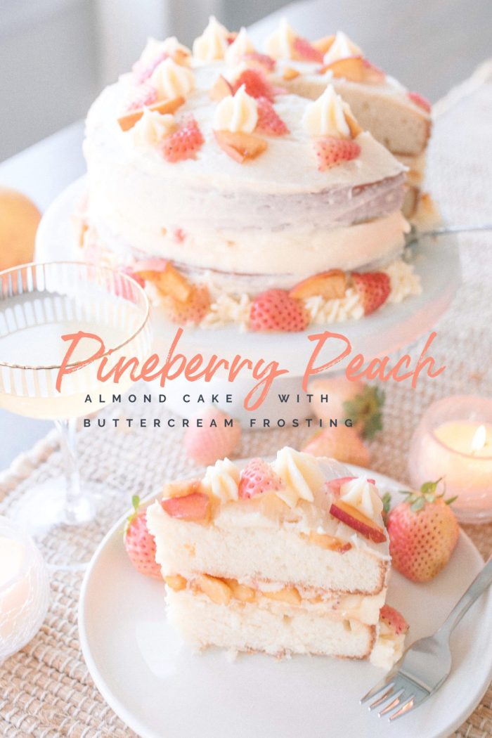 cake, almond cake, wedding cake, pineberries, pineberry recipe, what to make with pineberries, strawberries, peach cake, almond wedding cake, almond buttercream, easy cake recipe, amazing cake, dessert, spring cake, fruit cake, layered almond buttercream cake, the best cake flavors, how to make a layered cake