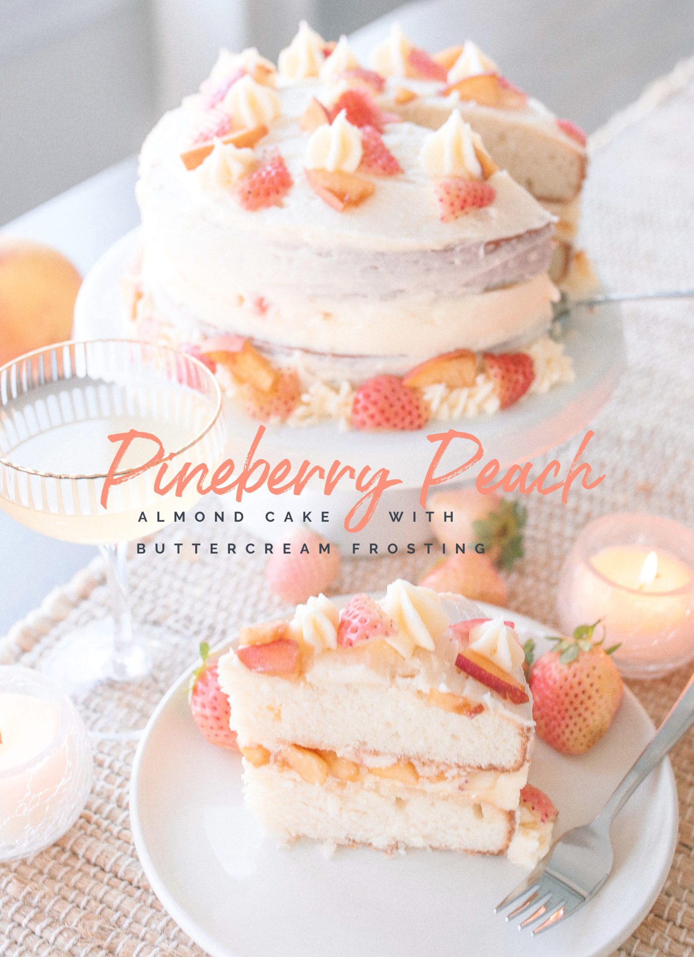 cake, almond cake, wedding cake, pineberries, pineberry recipe, what to make with pineberries, strawberries, peach cake, almond wedding cake, almond buttercream, easy cake recipe, amazing cake, dessert, spring cake, fruit cake, layered almond buttercream cake, the best cake flavors, how to make a layered cake