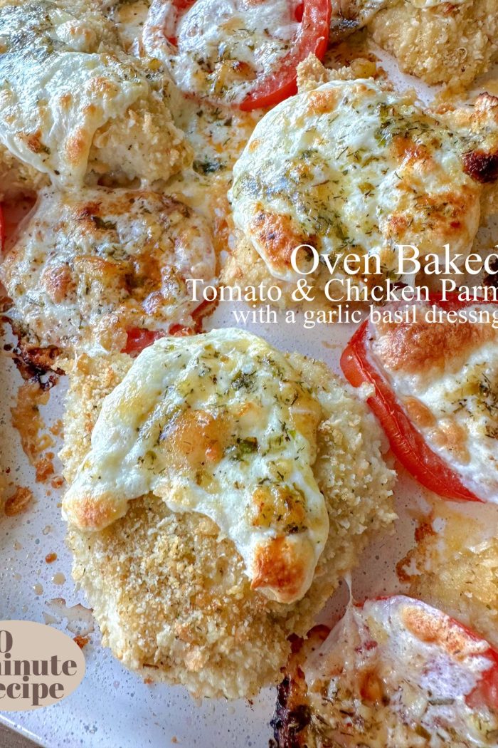 Oven-baked tomato & chicken parm with a garlic basil dressing
